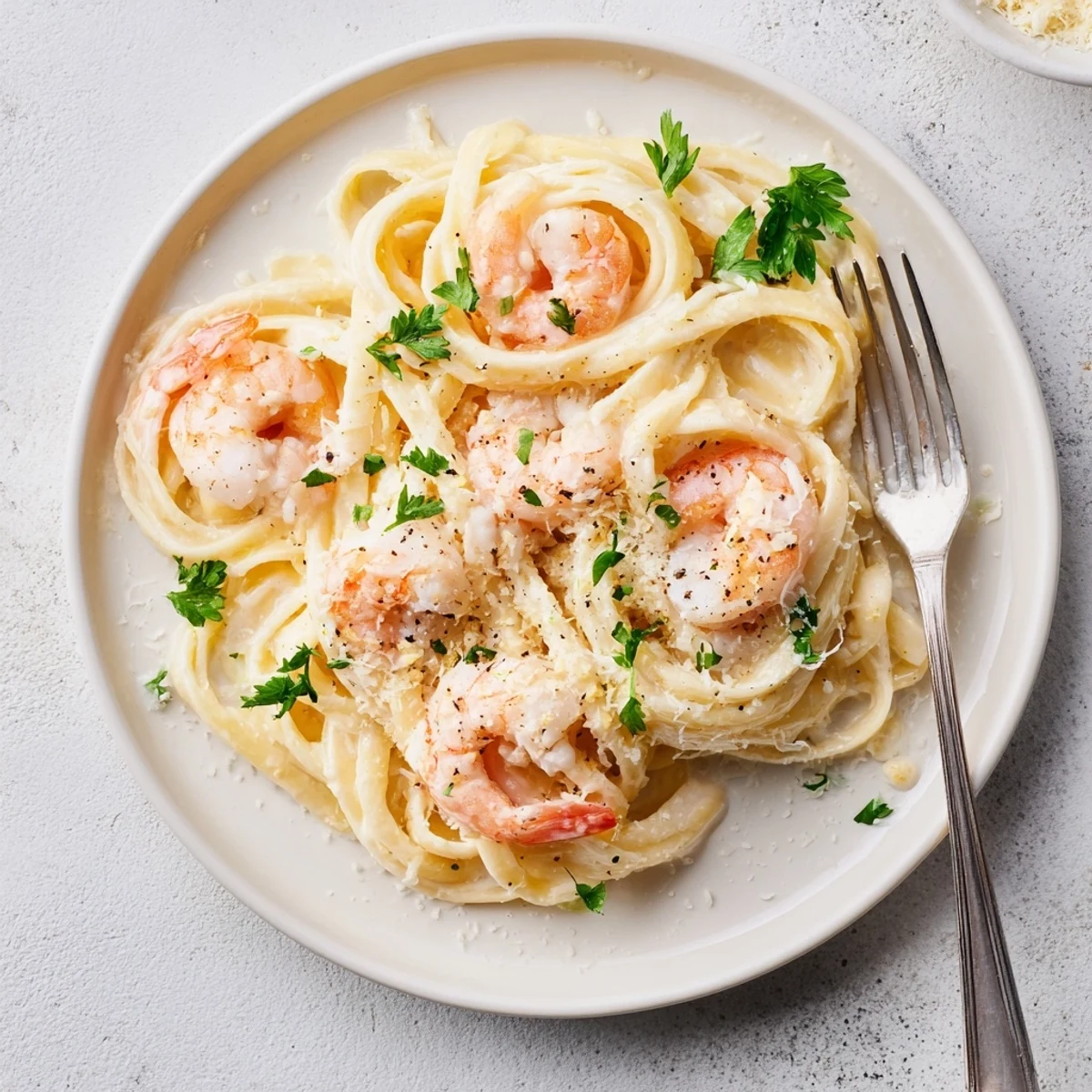 Creamy shrimp fettuccine pasta tossed in rich homemade Alfredo sauce with fresh parsley garnish