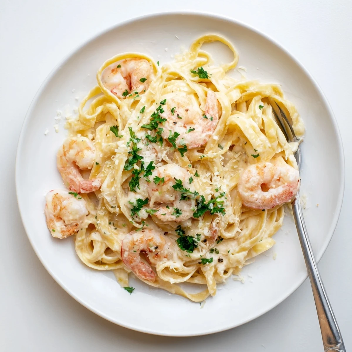 Golden pink shrimp resting on velvety Alfredo coated fettuccine noodles on a white dinner plate