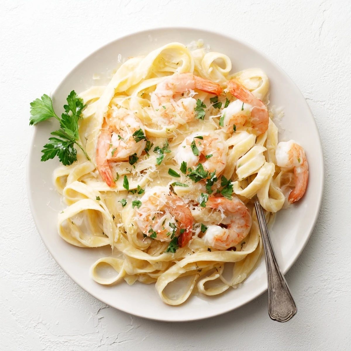 Savory shrimp and fettuccine pasta dish topped with grated Parmesan and chopped fresh parsley