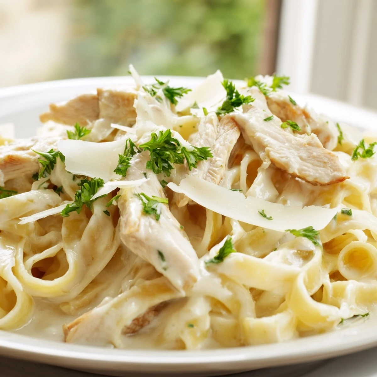 Creamy chicken alfredo pasta with sliced chicken breast and grated parmesan cheese topping