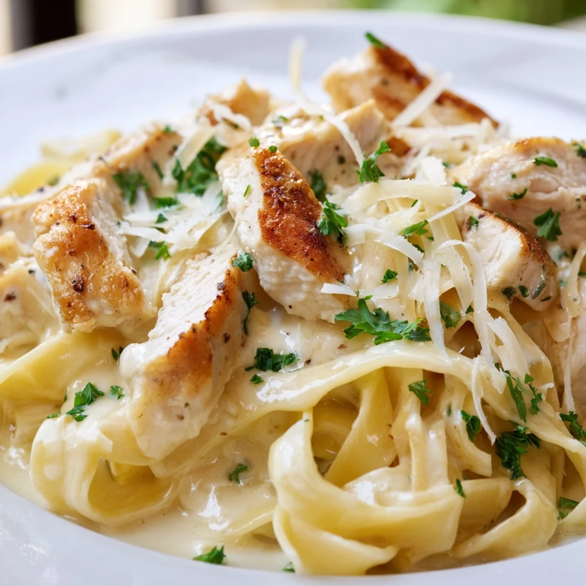 Golden brown sliced chicken atop fettuccine noodles coated in rich white alfredo sauce