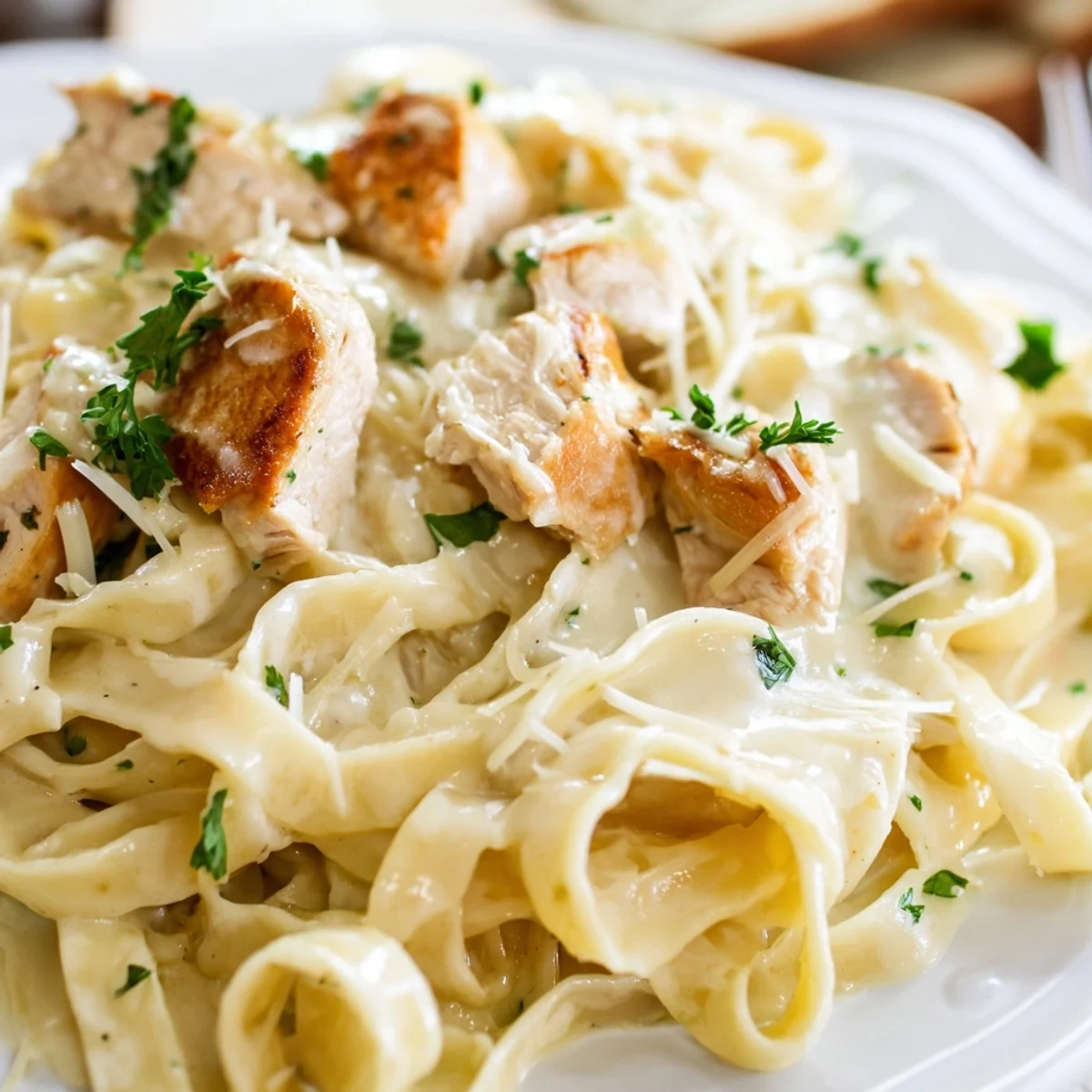 Steaming plate of chicken alfredo pasta garnished with fresh parsley and extra parmesan