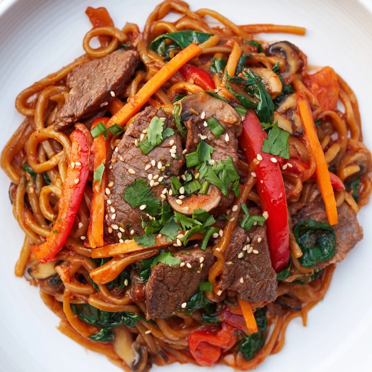 Steamy bowl of Korean beef noodles featuring tender beef slices and colorful vegetables in savory sauce