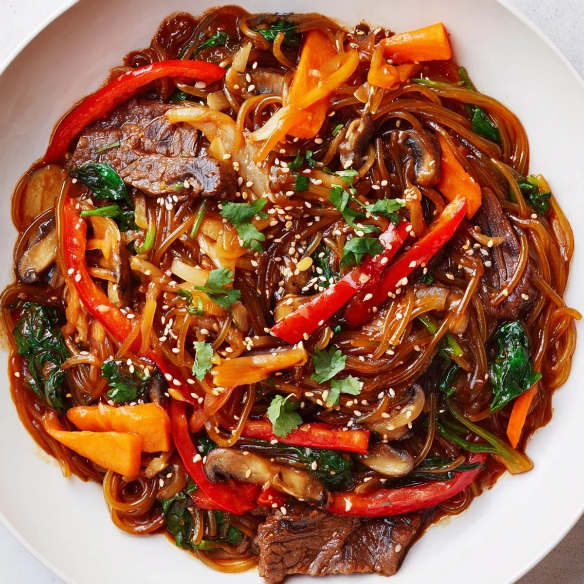 Chewy sweet potato noodles tossed with marinated beef and crisp bell peppers in Korean chili sauce