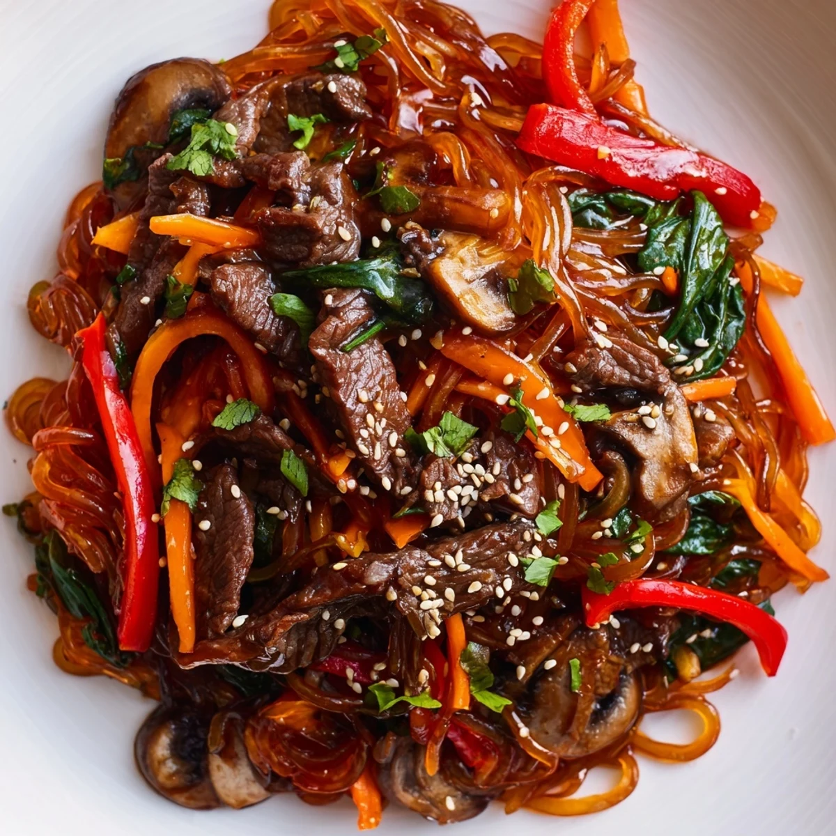Heaping plate of Korean beef noodles garnished with sesame seeds and fresh cilantro over tender stir-fried vegetables