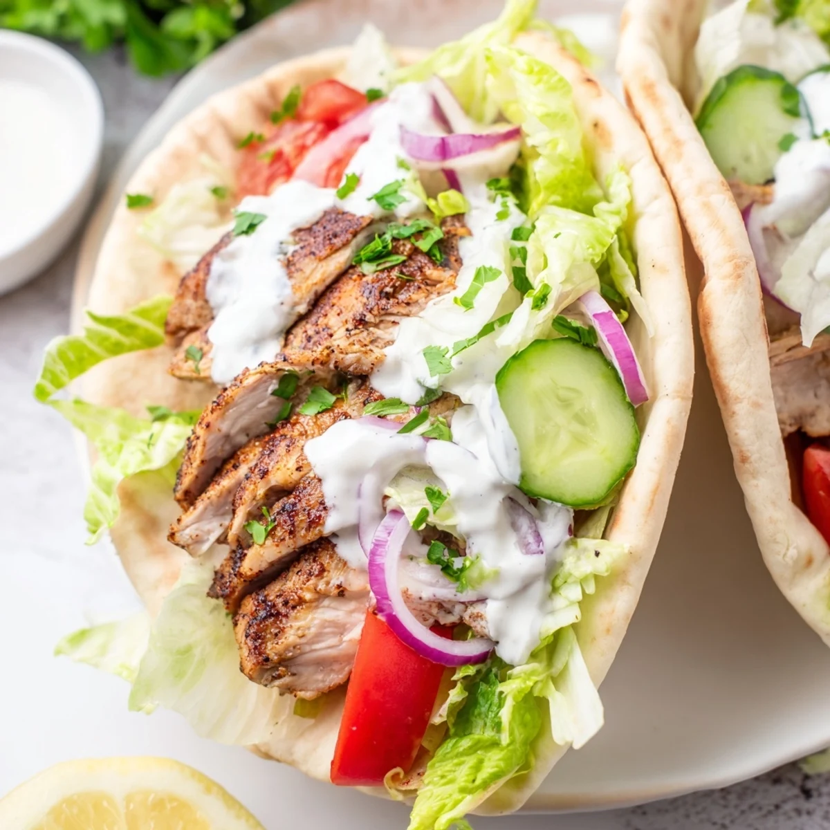 Golden spiced chicken shawarma wrapped in warm pita with fresh vegetables and drizzled garlic sauce