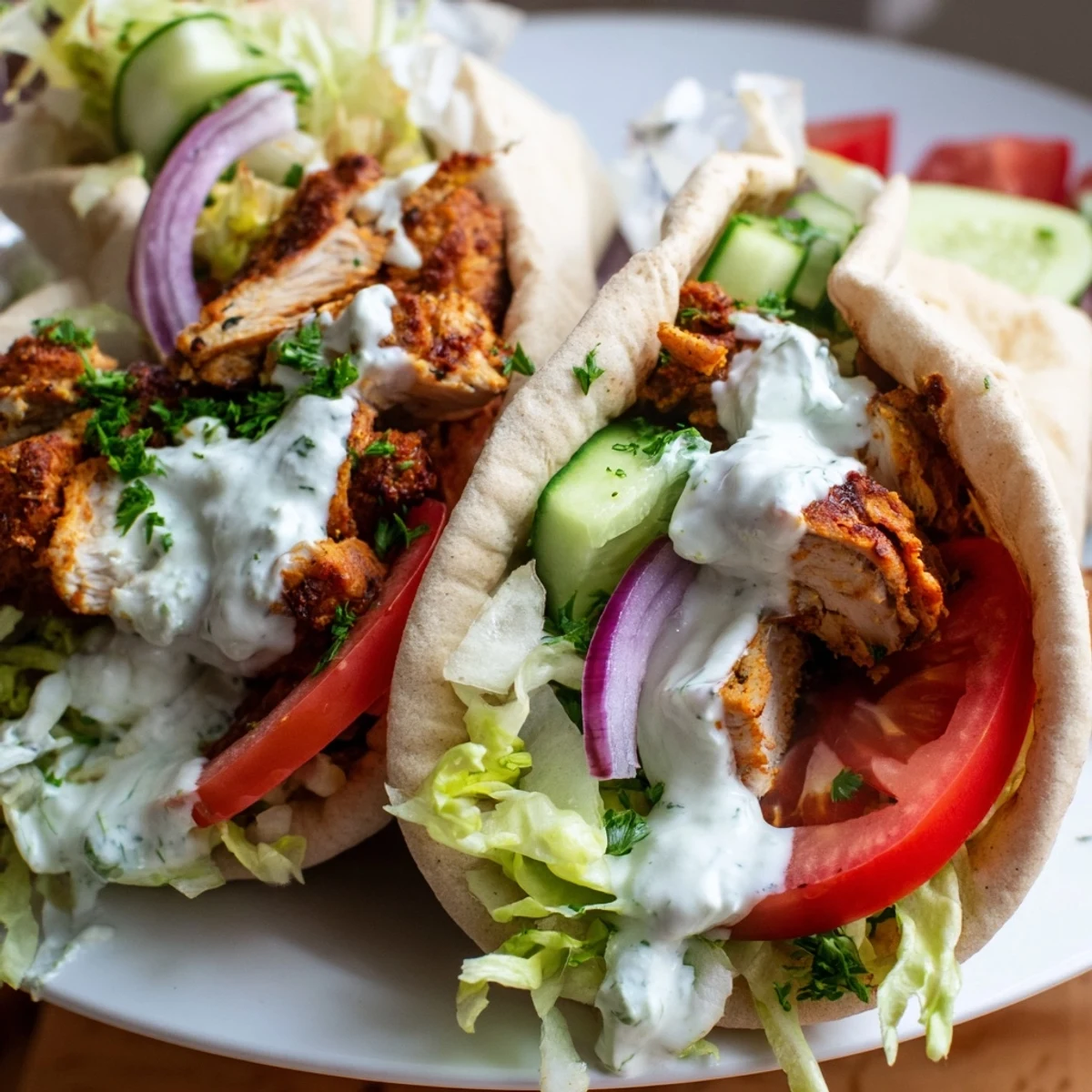 Succulent Middle Eastern chicken shawarma seasoned with aromatic spices and topped with tangy creamy garlic sauce