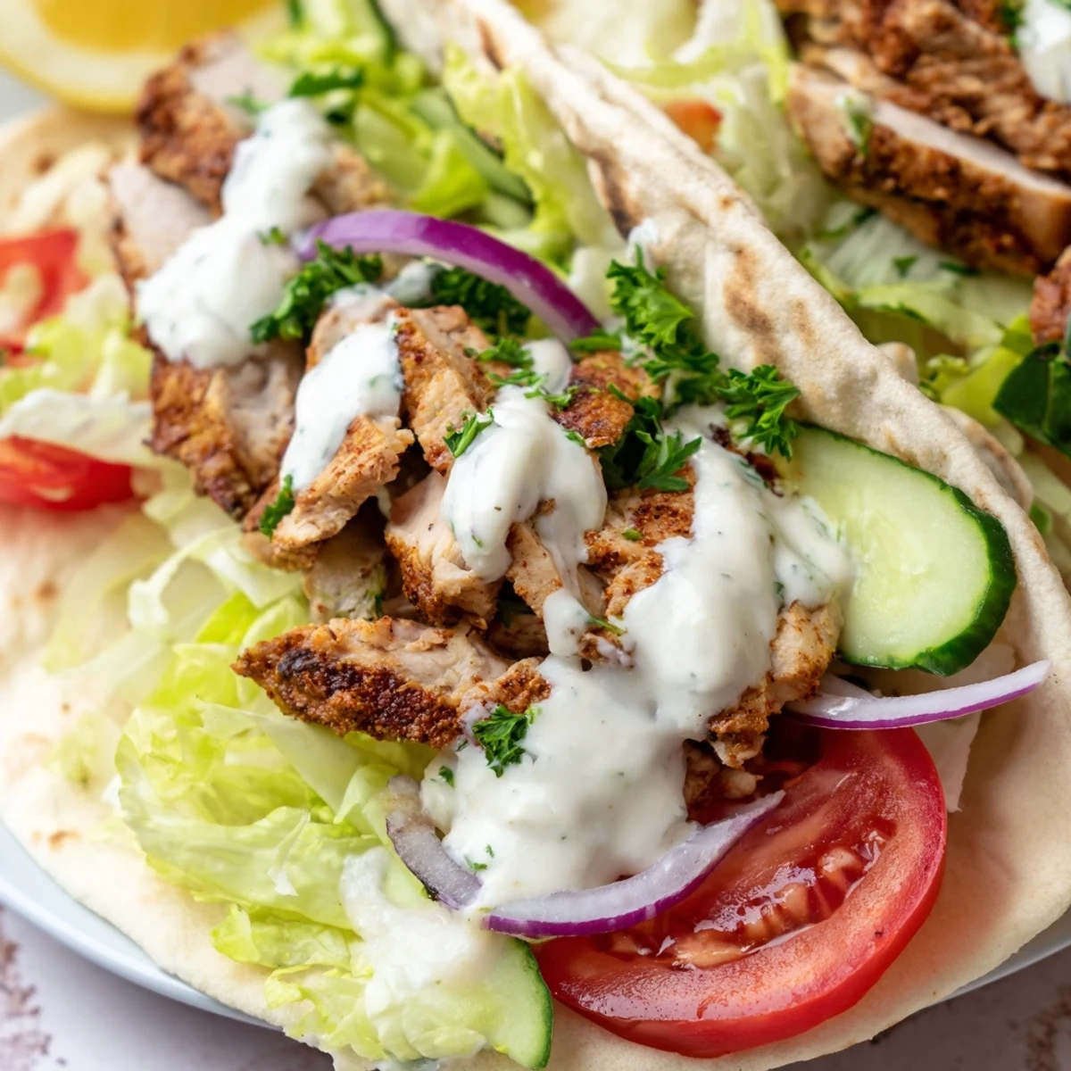 Tender roasted chicken shawarma in pita bread layered with crisp lettuce, tomatoes, and homemade white sauce