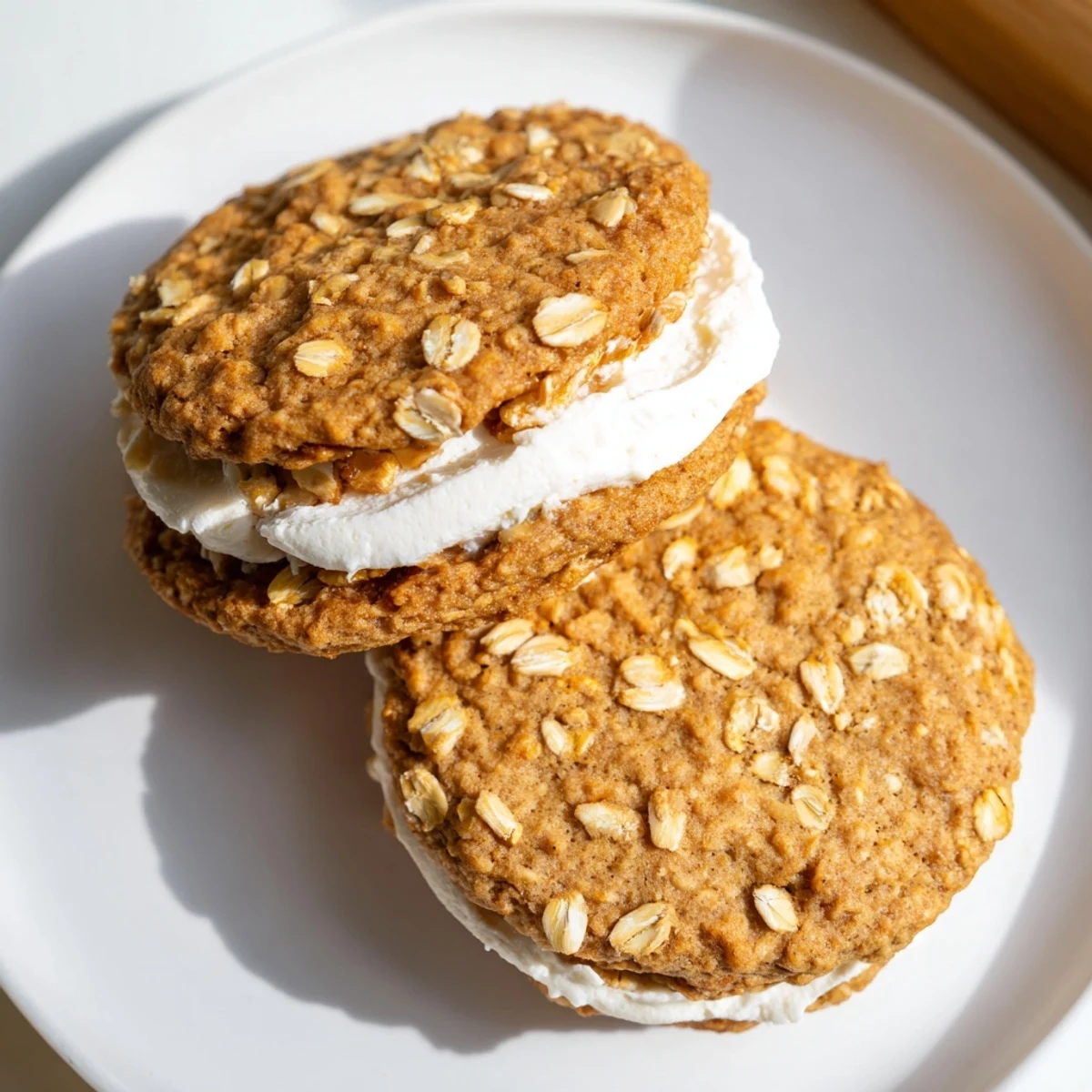 Close up of homemade oatmeal cream pies with thick vanilla buttercream dripping from the sides