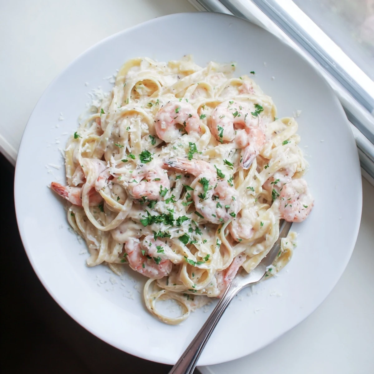 Golden shrimp fettuccine alfredo served in a cast iron skillet with fresh parsley garnish