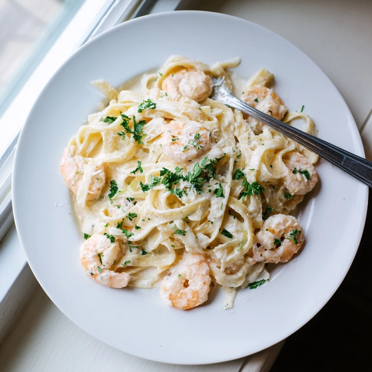 Steaming plate of shrimp fettuccine alfredo featuring rich garlic cream sauce and al dente pasta