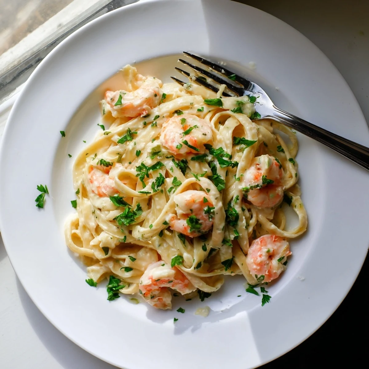 Creamy one pan shrimp fettuccine alfredo tossed with parmesan sauce and tender pink shrimp