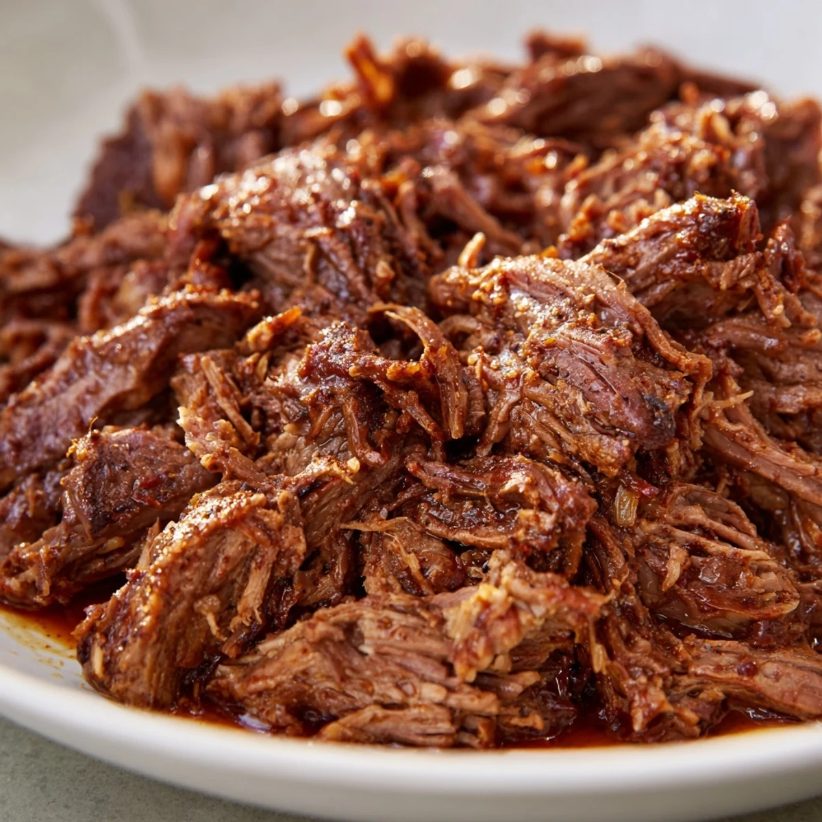 Fork-torn Crock Pot shredded beef glistening with rich juices perfect for tacos and sandwiches