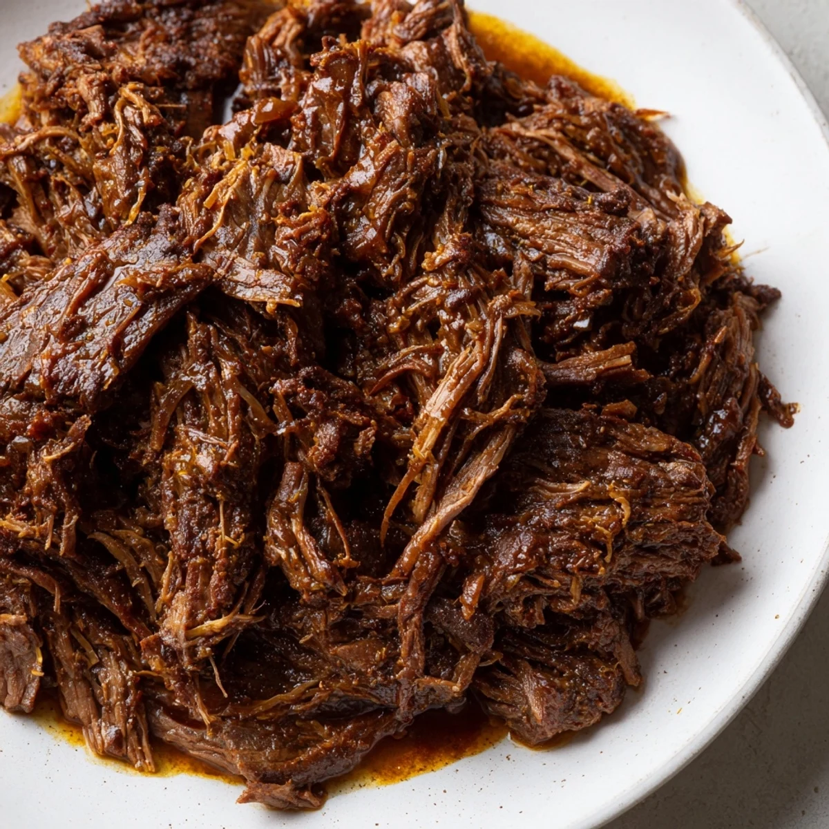 Seasoned Crock Pot shredded beef piled high with savory juices and tender onion pieces