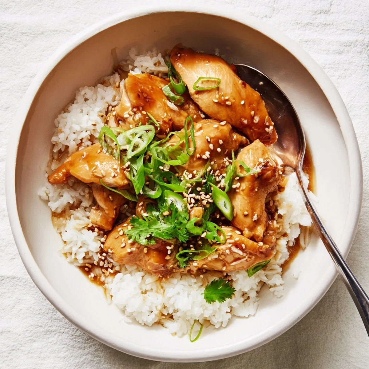 Golden caramelized soy chicken thighs glazed in sweet sauce resting over fluffy white rice in a deep bowl