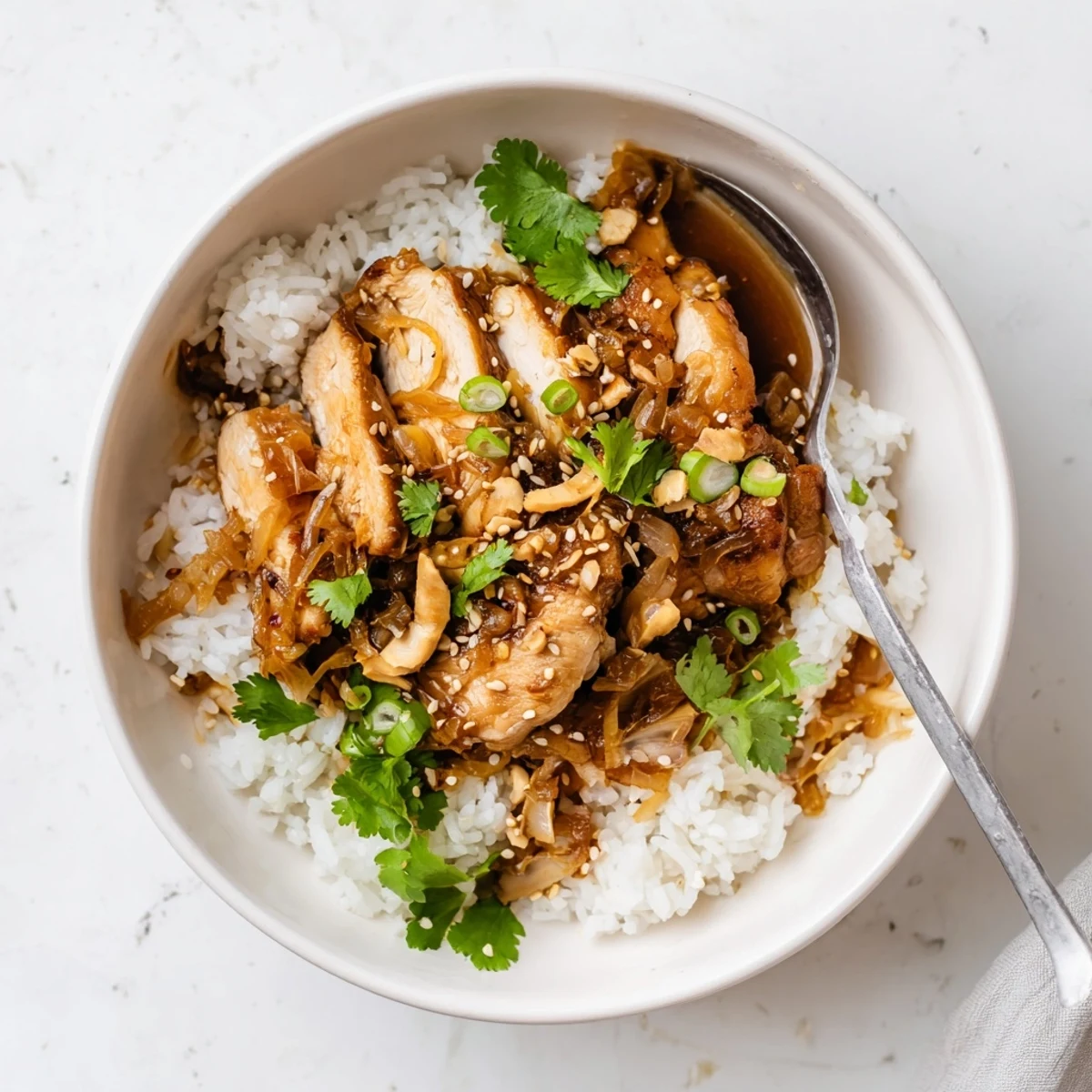 Tender slices of caramelized soy chicken in fragrant broth atop a bed of steaming white rice