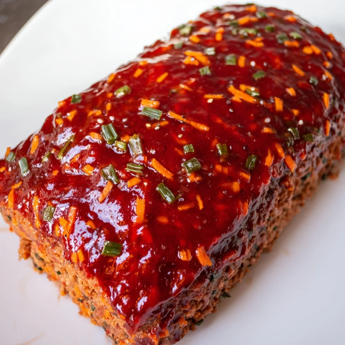 Korean meatloaf with gochujang glaze sliced to reveal juicy tender crumb interior