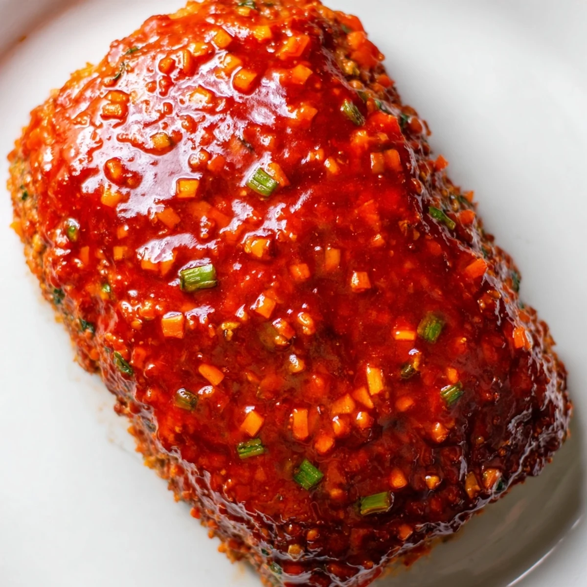Savory Korean meatloaf brushed with spicy red gochujang glaze on white platter
