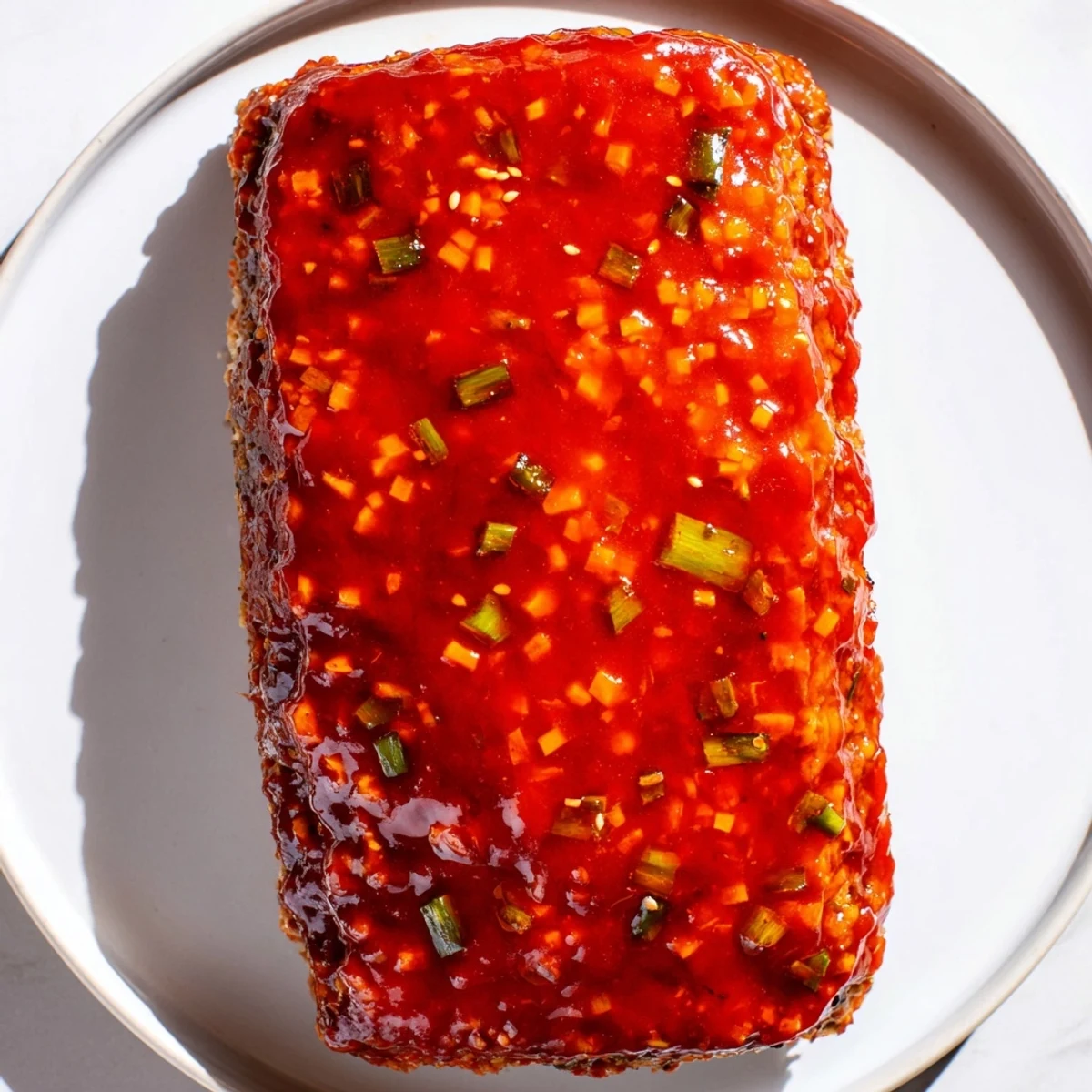 Baked Korean meatloaf featuring glossy sweet and spicy gochujang glaze topping garnished with sesame seeds