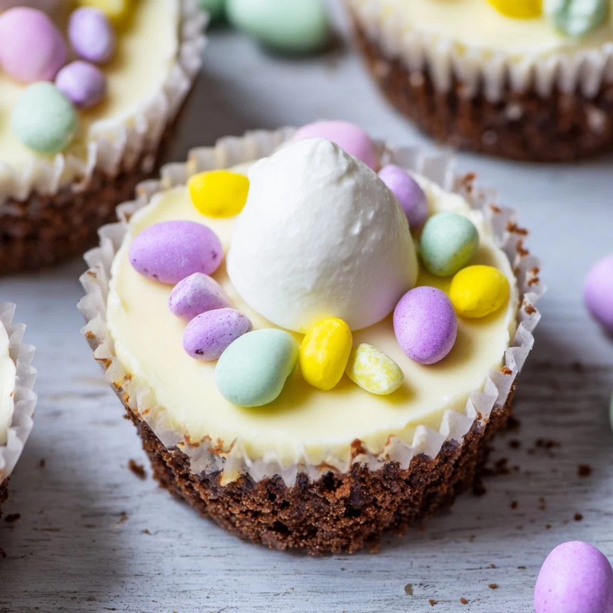 Golden chocolate cookie crust supports smooth Easter Cadbury Mini Cheesecakes garnished with chopped mini egg candies