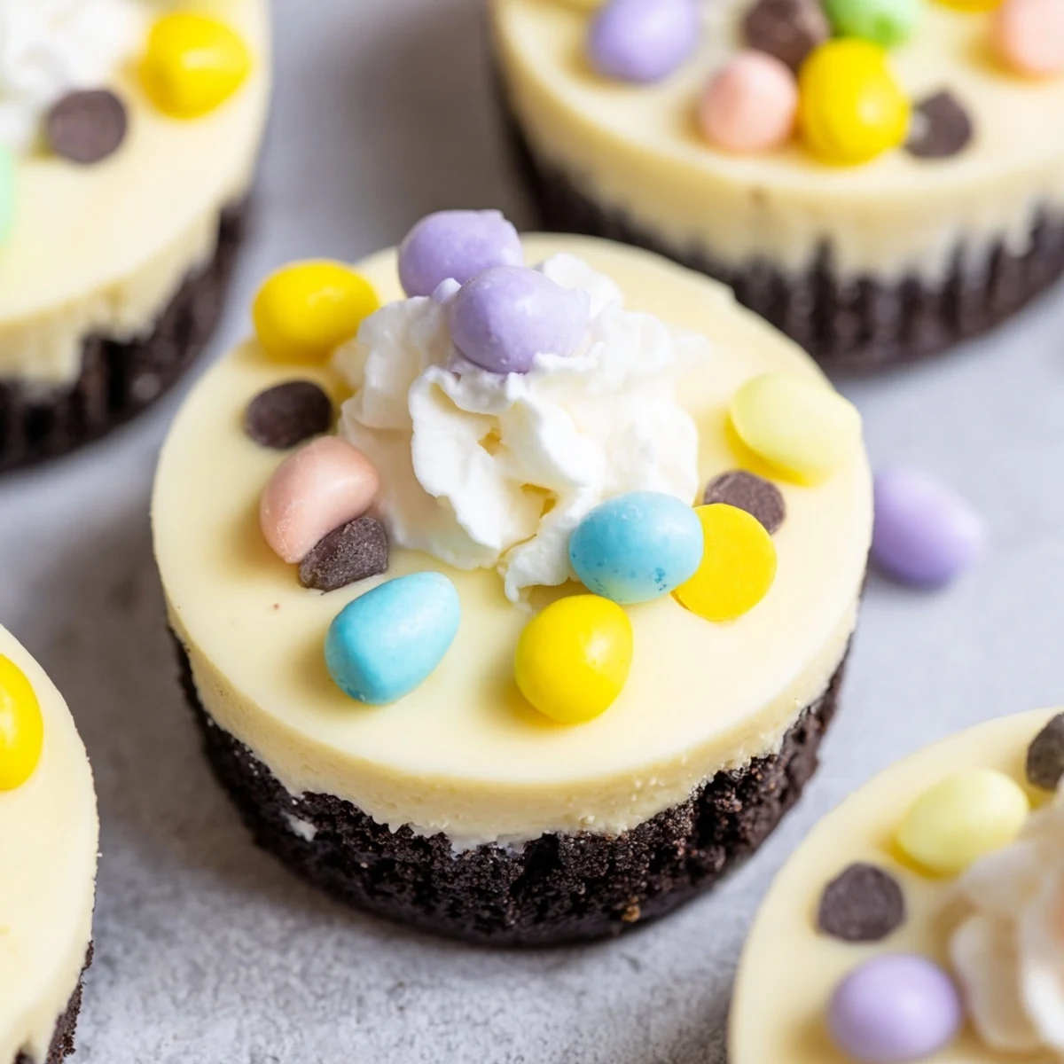 Individual Easter Cadbury Mini Cheesecakes with rich cream cheese filling and pastel candy toppings ready for spring dessert serving