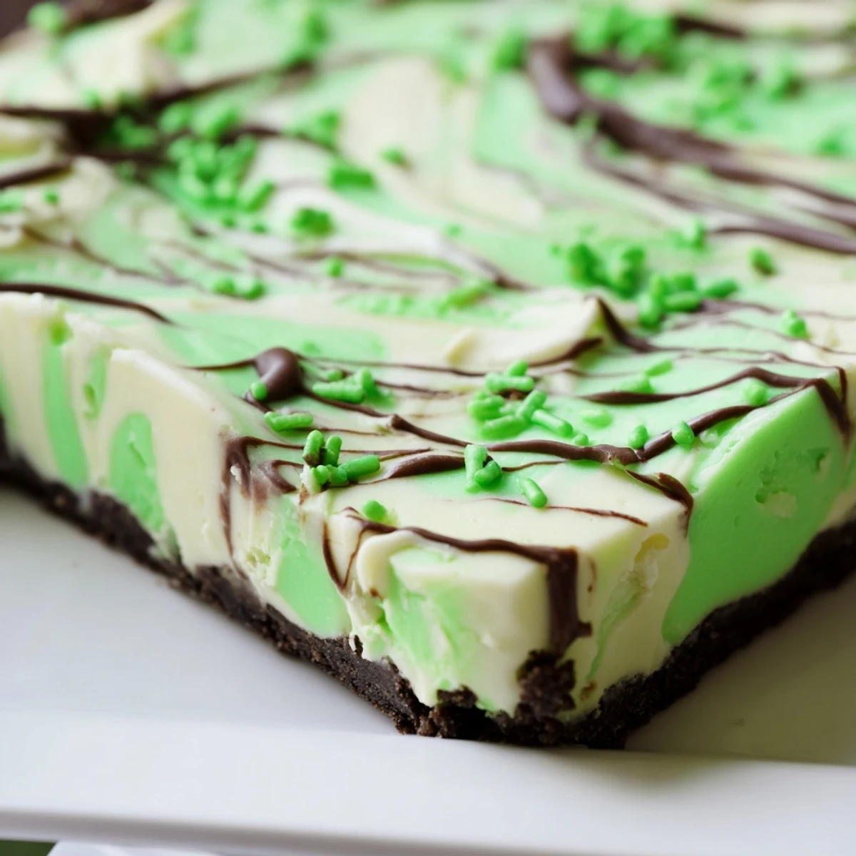 Rich mint cheesecake fudge squares on chocolate cookie crust topped with dark chocolate drizzle
