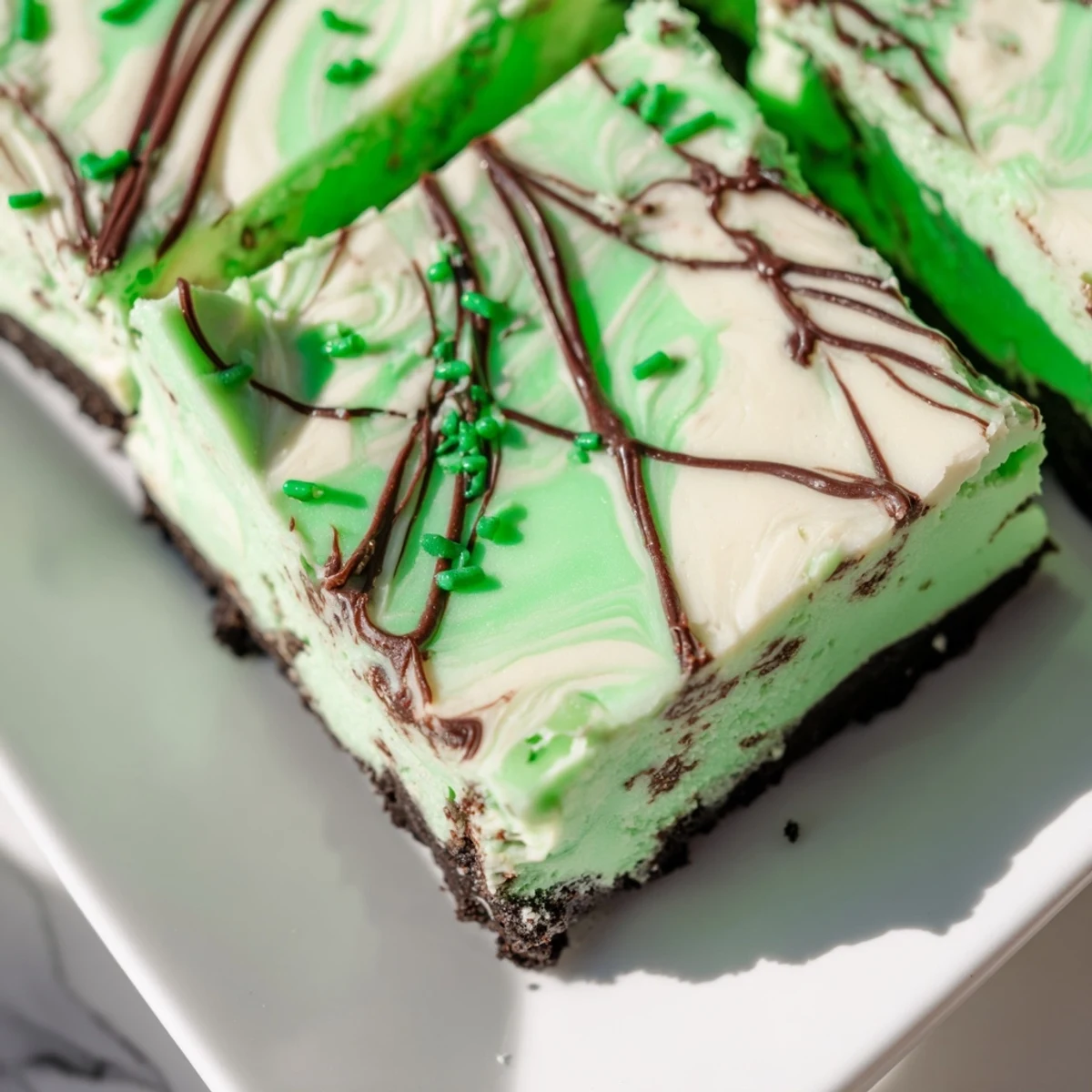 Green St. Patricks Irish Mint Cheesecake Fudge Squares cut into bite-sized dessert portions