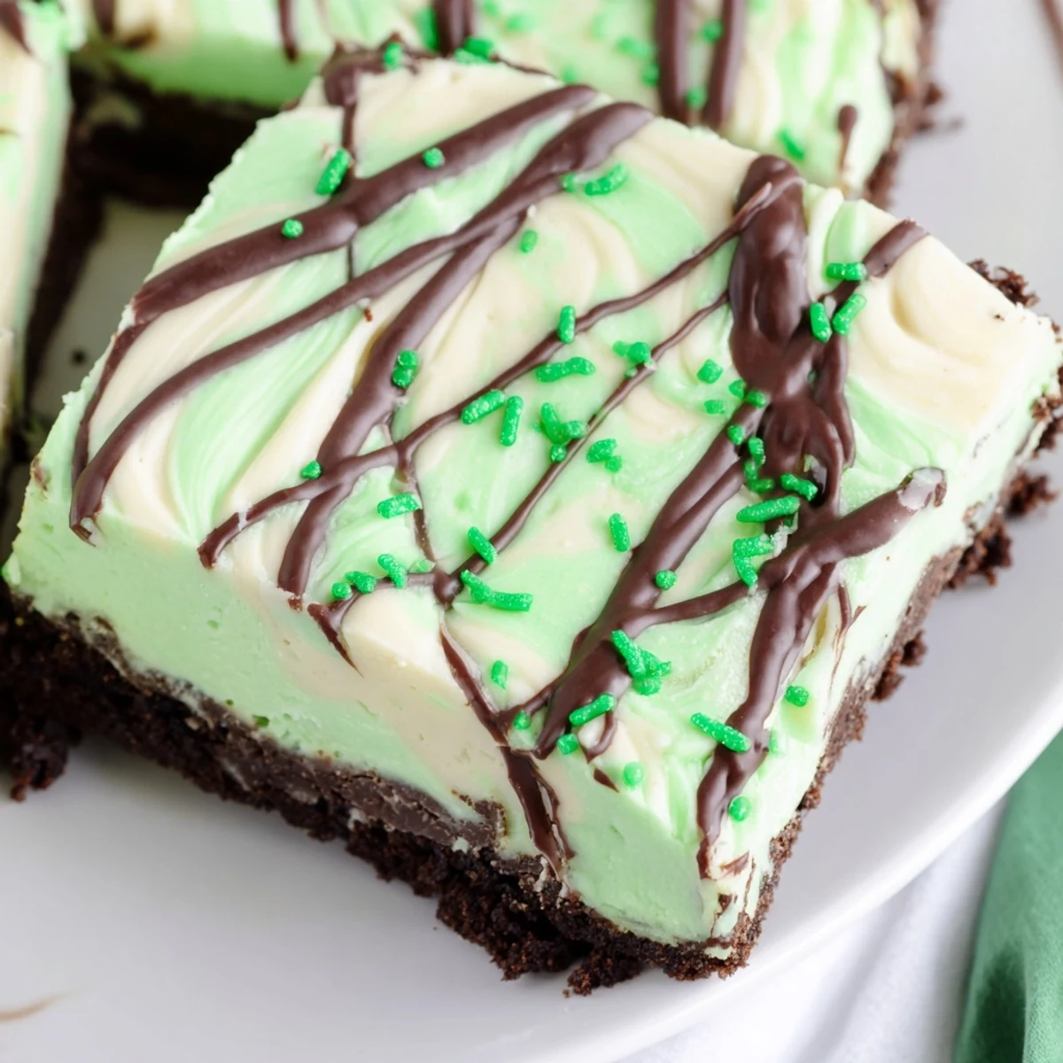 Creamy white chocolate mint fudge bars with Irish cream liqueur and crunchy cookie base