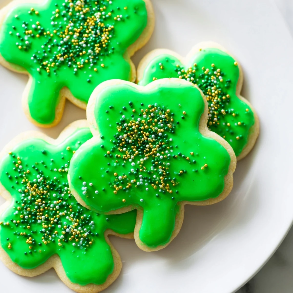 Soft St. Patricks Day sugar cookies decorated with smooth green frosting and colorful shamrock-themed sprinkles for holiday parties