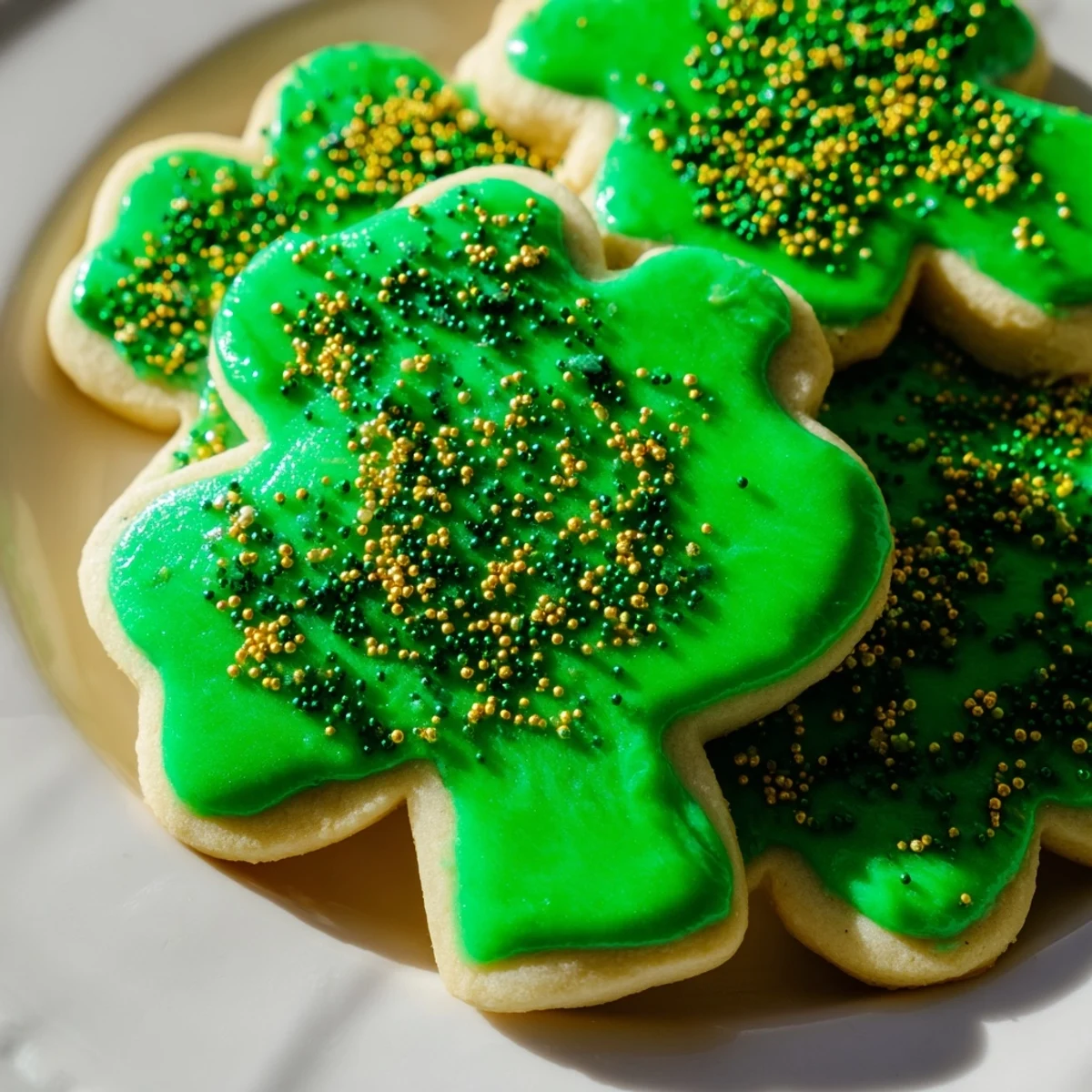 Homemade St. Patricks Day sugar cookies with glossy green royal icing and sparkling edible decorations arranged on a serving platter