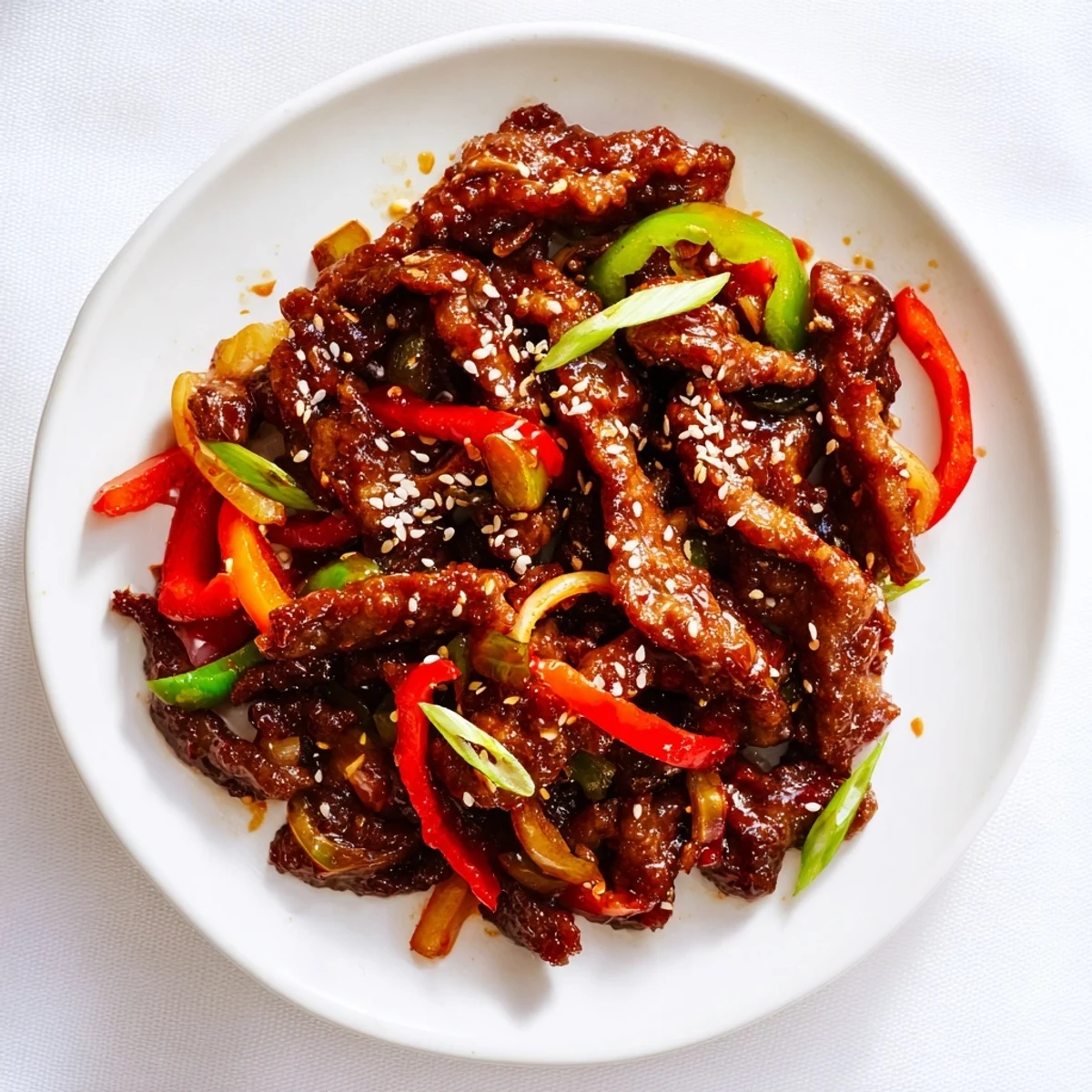 Golden crispy chilli beef tossed in spicy glaze with colorful bell pepper strips and onions