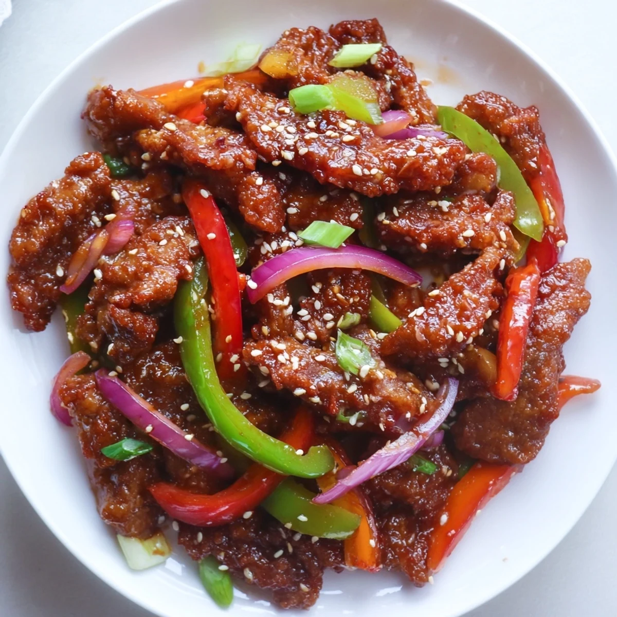 Deep-fried beef strips coated in tangy sweet chilli sauce with vibrant red and green peppers