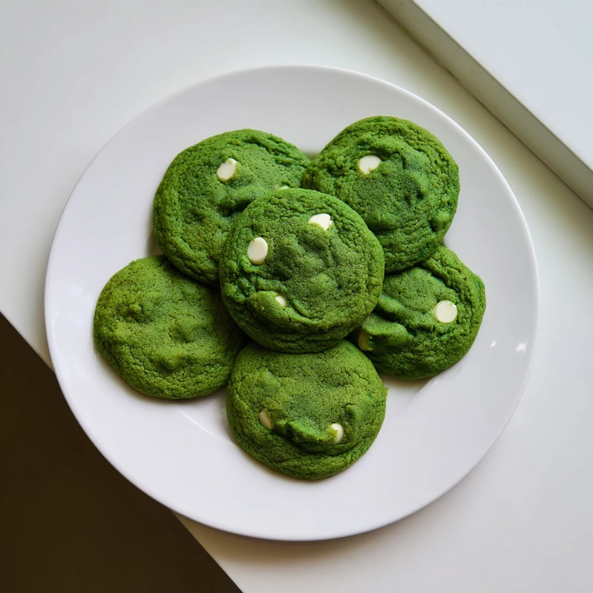 Soft green velvet cookies studded with creamy white chocolate chips on a cooling rack
