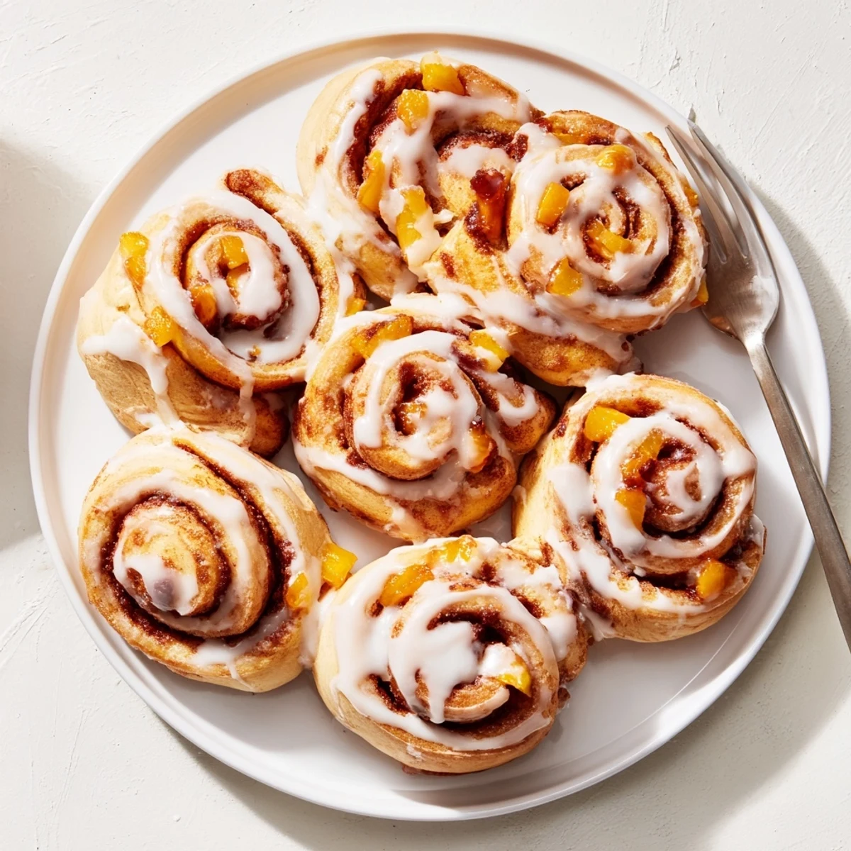 Fresh baked peach pie cinnamon rolls spiraled with juicy spiced fruit filling