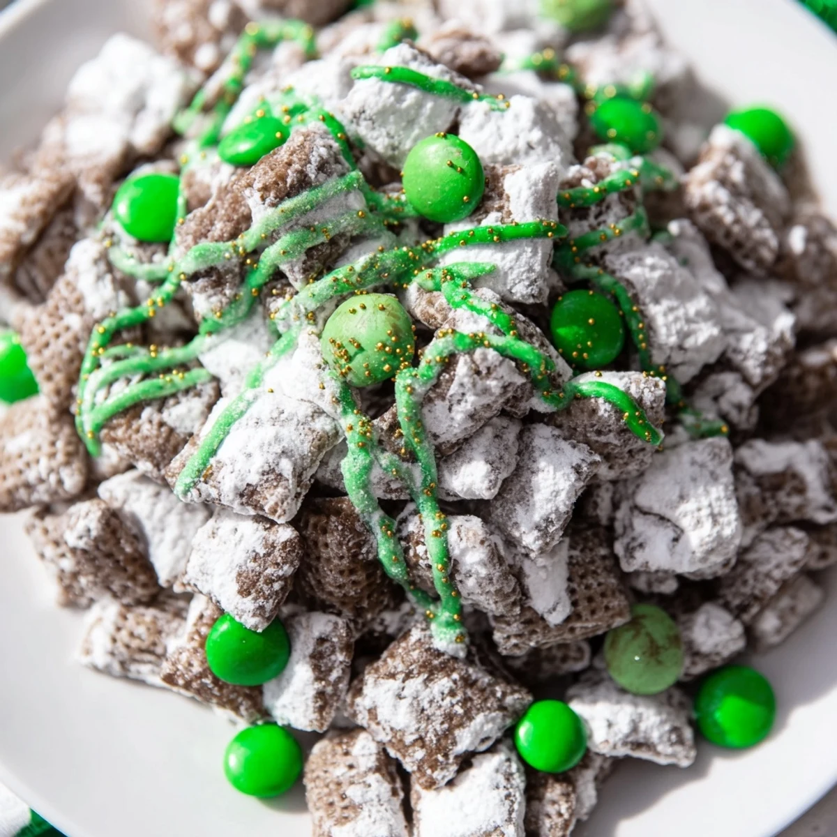 Green and white St. Patricks Day puppy chow with colorful candy pieces and gold sprinkles on a white platter
