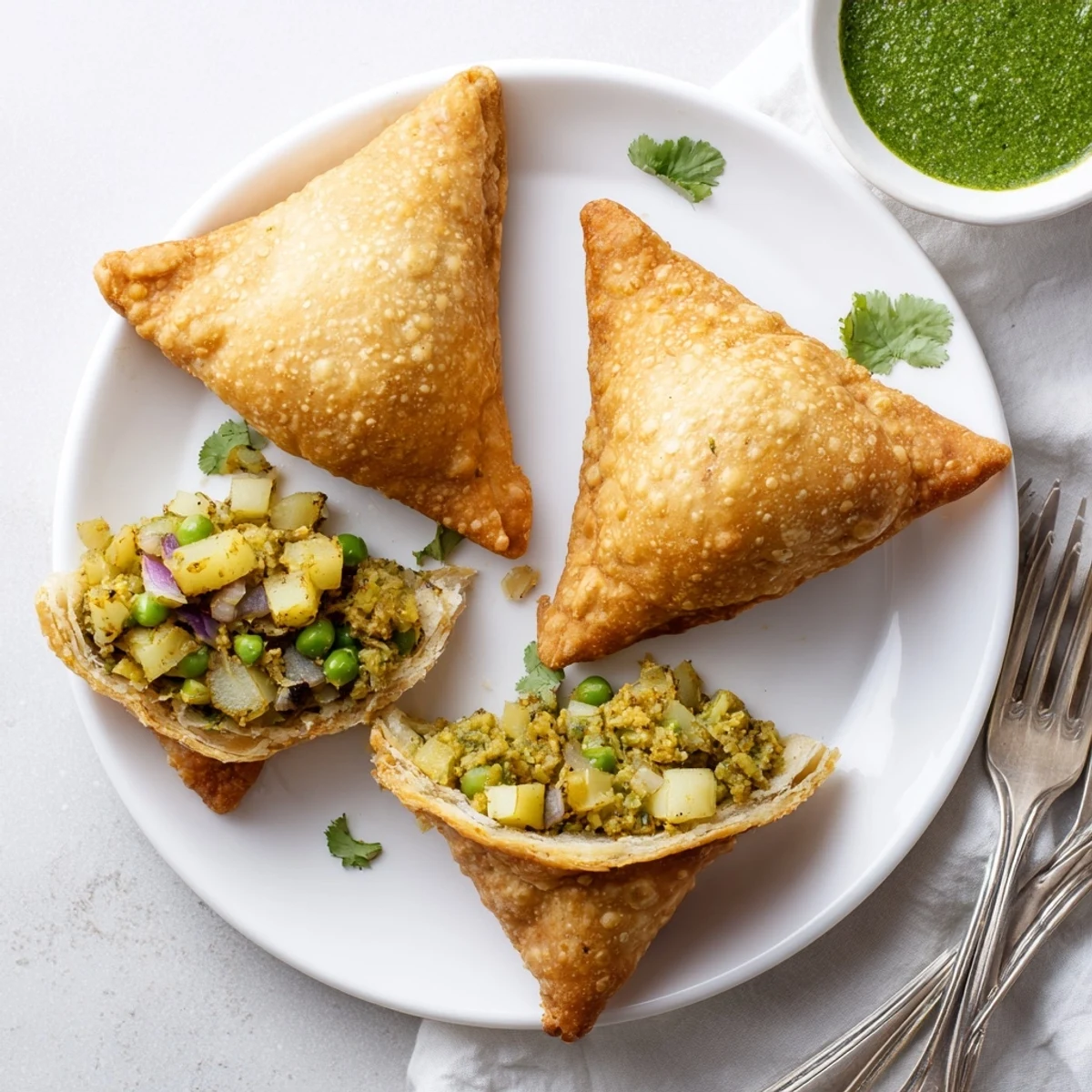 Golden vegetable samosas with crispy pastry and spiced potato pea filling on a white plate