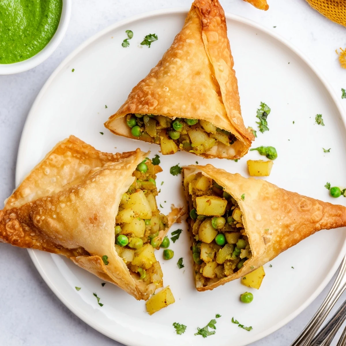 Triangle-shaped vegetable samosas fried to golden perfection served with green mint chutney dipping sauce