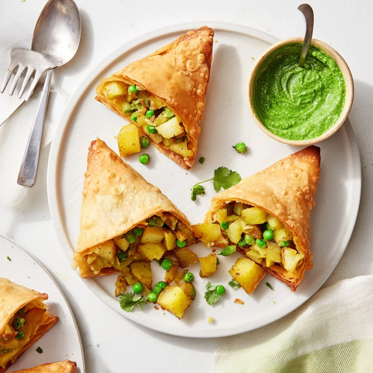 Handheld vegetable samosas featuring flaky outer crust stuffed with aromatic seasoned potatoes and green peas