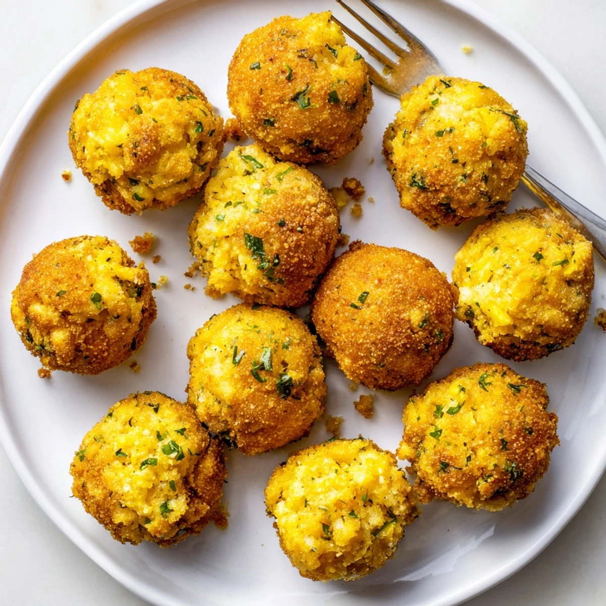 Golden brown crispy cornbread dressing balls arranged on a white serving platter