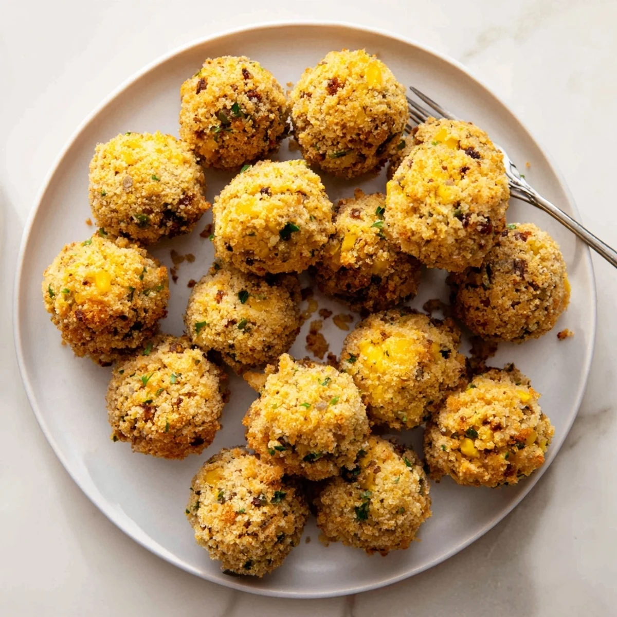 Close-up of golden cornbread dressing balls served with cranberry sauce and fresh parsley
