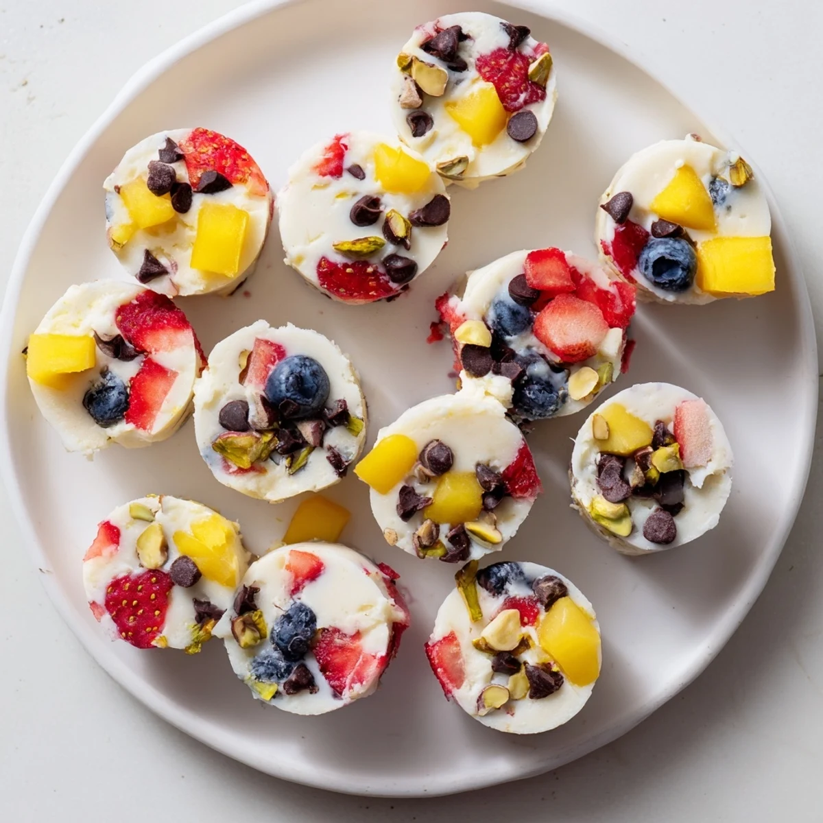 Creamy frozen Greek yogurt bites topped with colorful fresh strawberries, blueberries, and mini chocolate chips on a white plate