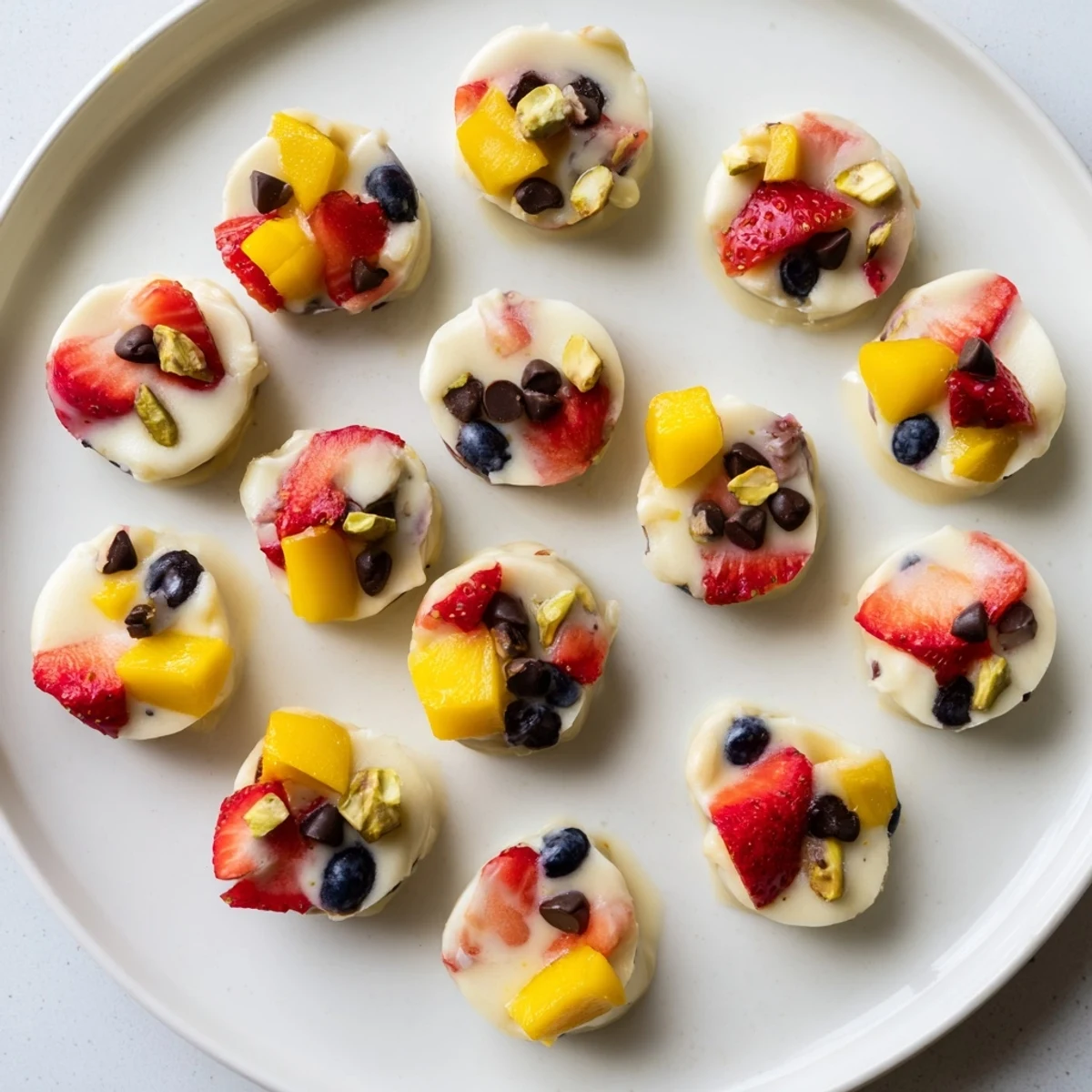 Healthy frozen Greek yogurt bites featuring diced mango and strawberries with a drizzle of golden honey