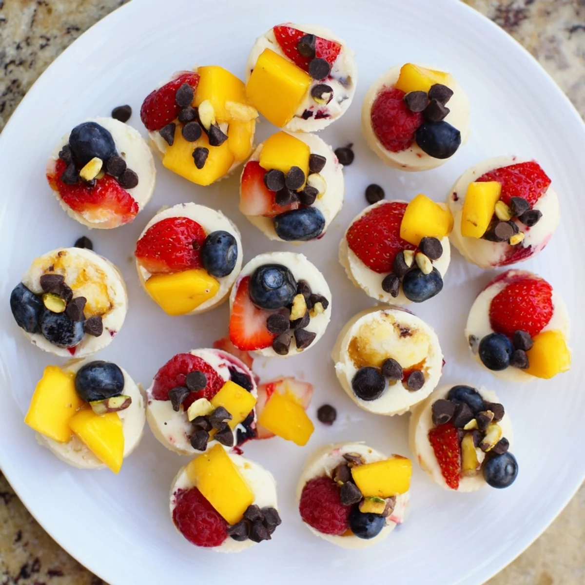 Bite-sized frozen Greek yogurt treats arranged on a baking sheet with vibrant mixed fruit and nut toppings