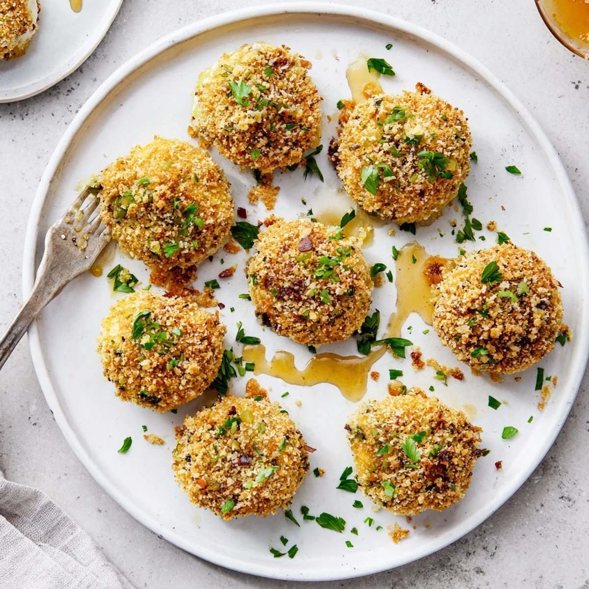 Fried goat cheese bites with salty pretzel crust drizzled with honey and fresh chives