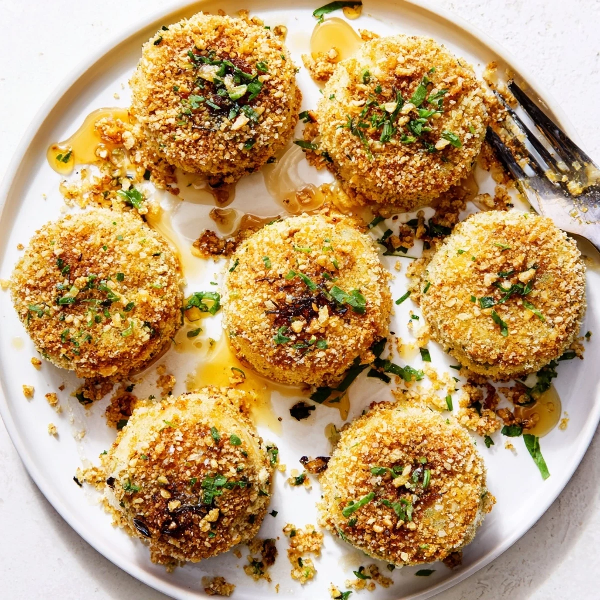 Golden brown crispy fried goat cheese medallions with crunchy pretzel coating on white plate