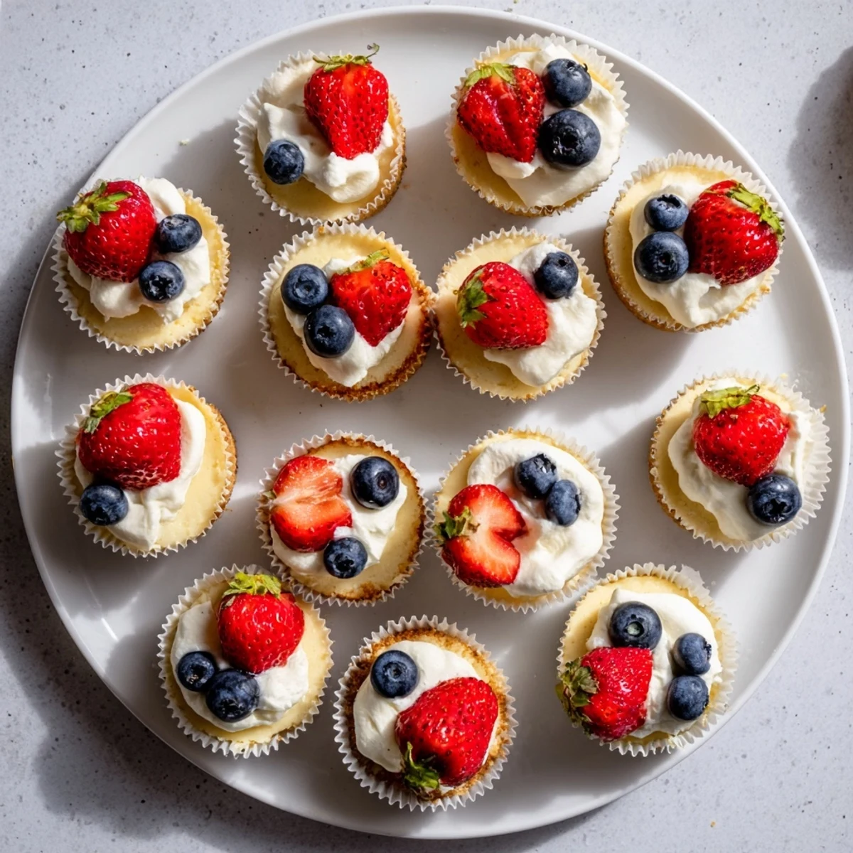 Individual vanilla cheesecakes in paper liners featuring crisp cookie bottoms and smooth creamy filling