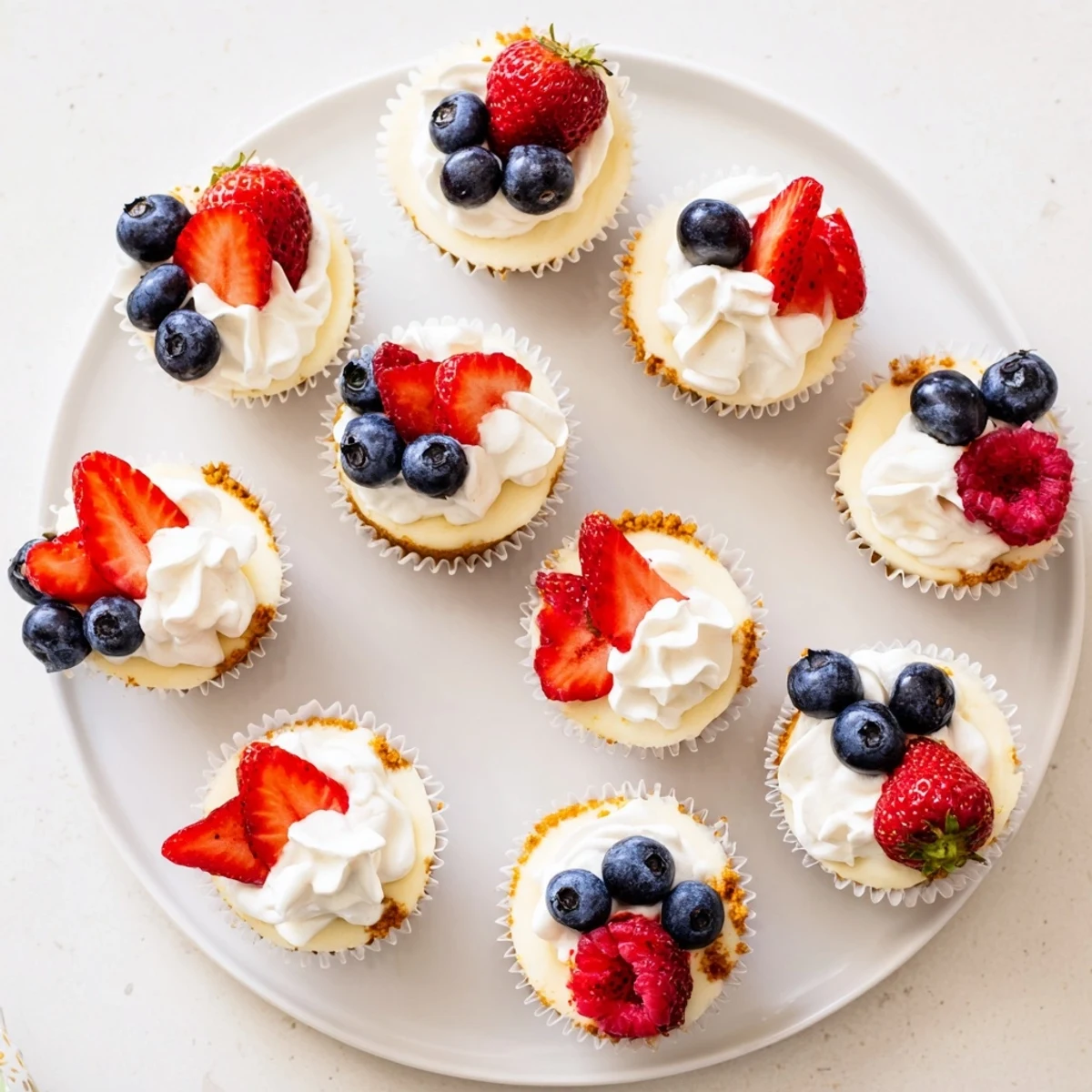 Golden mini cheesecakes with vanilla wafer crust topped with fresh red berries and white cream swirl