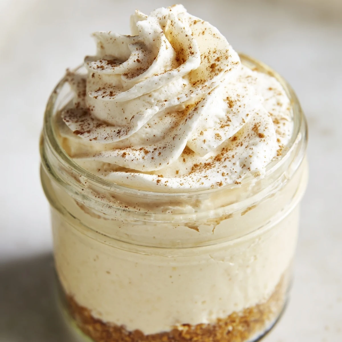 Creamy no bake mini mason jar spiced cheesecakes with graham cracker crust topped with whipped cream