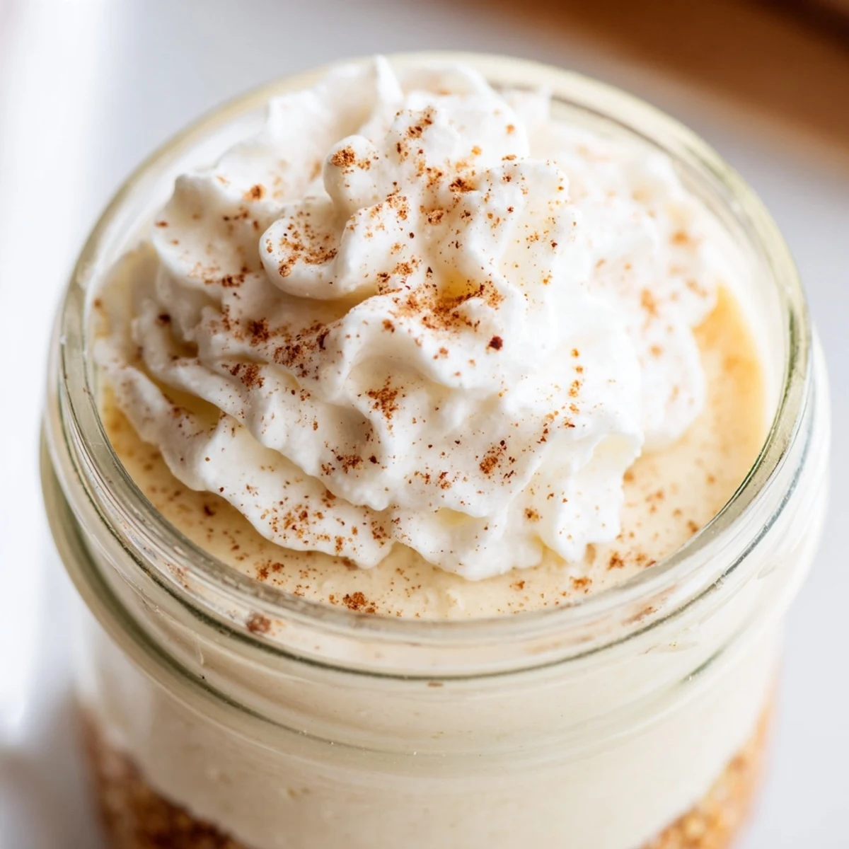 Individual glass jars layered with cinnamon-spiced cheesecake filling and buttery graham cracker base dusted with nutmeg