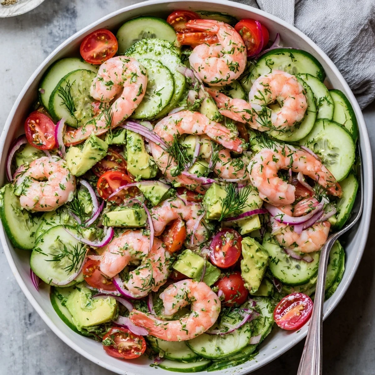 Colorful cucumber shrimp salad arranged with vibrant cherry tomatoes, creamy avocado, and red onion on rustic wooden table